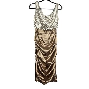 Le Chateau Satin Draped Ruched Knee Length 2 Tone Gold Sleeveless Party Dress, S